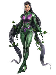 A woman in a green suit with purple flowers on it