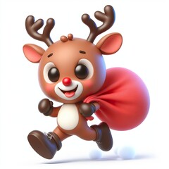 Cute character 3D image of a Reindeer running with the bag, funny, happy, smile, white background