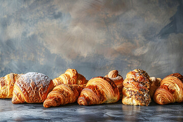 Fresh bread and croissants lying on a rustic table. Ai generative. - obrazy, fototapety, plakaty