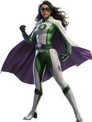 A woman in a green and white costume with a purple cape