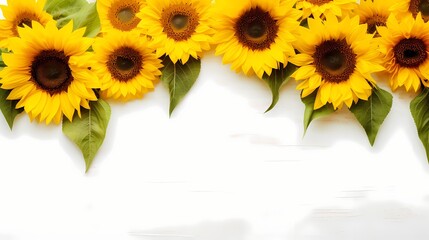 Obraz premium Bright and cheerful top view of a bunch of sunflowers against a plain backdrop, perfect for adding your text overlay.