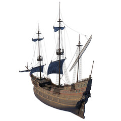 old wooden sailing ship isolated. perspective rear top view