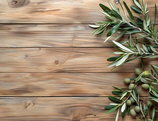 Top view of a table on a wooden background on which elegant green olive trees. Olive harvest. Banner with place for text.