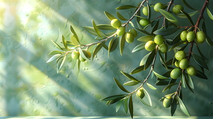 Banner with elegant olive branches on wall background. Green background with place for text.