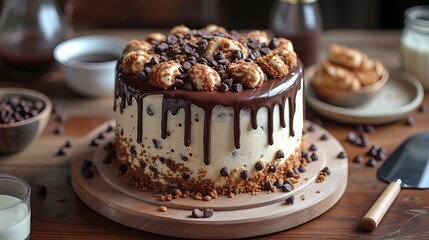 A decadent chocolate chip cookie dough birthday cake with layers of cookie dough filling, cookie...