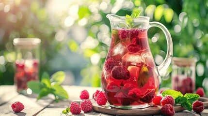 A pitcher of iced raspberry tea with fresh raspberries and mint leaves. - Powered by Adobe