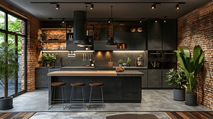 Modern and contemporary style kitchen, concrete and red brick wall, dark gray cabinet, brick...