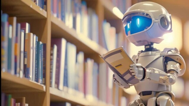 Cute little robot reading a book in the library