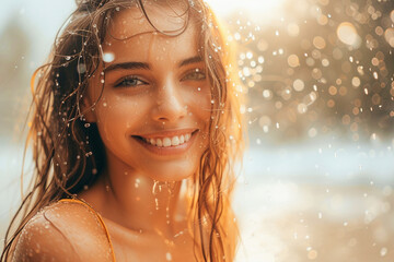 Radiant Young Woman Smiling in Sunlit Summer Shower Outdoors
