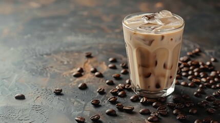 A glass of iced coffee with coffee beans scattered around. 