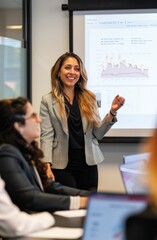 Confident Businesswoman Leading a Corporate Presentation in a Modern Boardroom