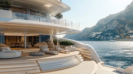 Exterior of a super yacht with multiple terraces, ultra decorated, simple elegance, luxurious, minimalist, aesthetic. Generative AI. - obrazy, fototapety, plakaty