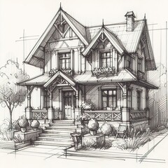 House sketch retro pencil art concept urban architecture