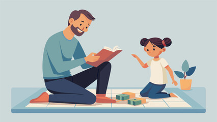 A young girl sitting on her fathers lap reaching eagerly for the game pieces as he reads out the instructions and they both burst into laughter
