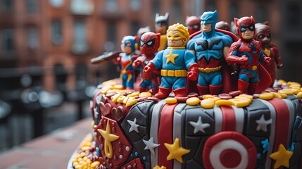 A superhero-themed birthday cake featuring edible comic book panels, iconic logos, and figurines of favorite heroes in action poses