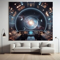 Interior living decoration with frame spaceship futuristic concept