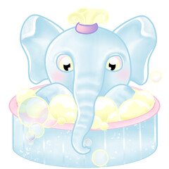 A cute baby elephant is bathing in a wooden tub