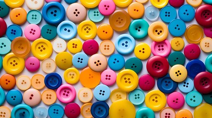 Fototapeta na wymiar An overhead shot of brightly colored buttons arranged in a dynamic pattern on a plain, white surface, each button showcasing its unique texture and hue.