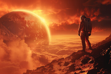 Fototapeta premium Colonization or exploration of Mars. Man astronaut standing on top of a rocky mountain against the backdrop of the planet
