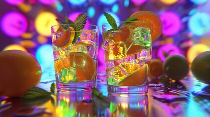 Two vibrant cocktails with citrus garnishes against a colorful, illuminated backdrop.