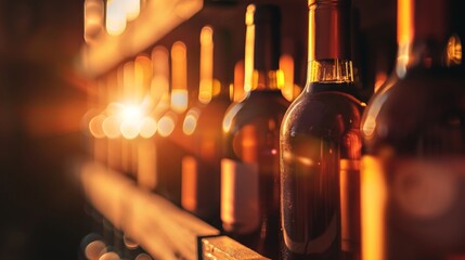 Golden sunlight casting warm glows over rows of wine bottles.