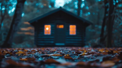 An inviting small cabin with glowing windows nestled among fall leaves and trees in the dusk light.