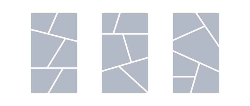 Image collage layout template. Grey mosaic mood board grid collection. Picture frame set. Photo album idea for banner, poster, comic page, flyer, brochure, booklet, memory wall design. Vector pack