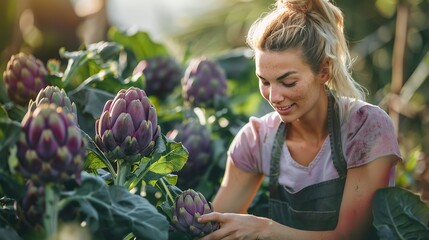 When the sun sets, a lady proceeds to collect purple artichokes from a field full of them greenery lush foliages heap of them and space, Generative AI.