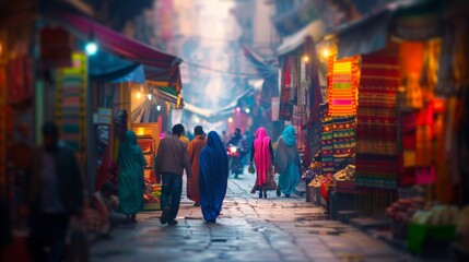 Colorful marketplace bustling with activity in an Eastern city, with a focus on cultural diversity and commerce. - obrazy, fototapety, plakaty