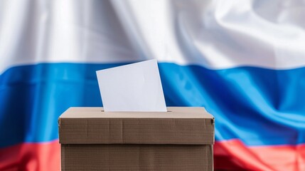 A ballot box in the foreground with a blurred Russian flag in the background, symbolizing democracy.