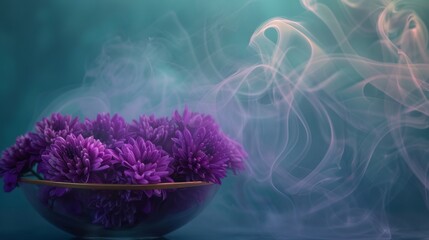 Vibrant purple flowers in a bowl with swirling smoke on a teal background, artistic and mystical. - Powered by Adobe