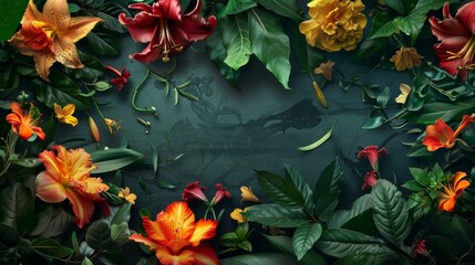 Vibrant flowers beautifully arranged on a dark background creating an elegant floral frame.