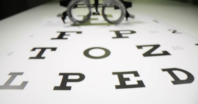 Eye test trial frame and glasses on ophthalmologist's table