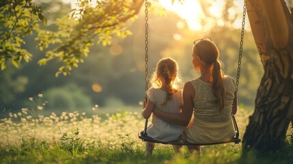 Portrait of mother and daughter sitting on swing with a beautiful natural scenery and sunlight with a big space for text or product, Generative AI.