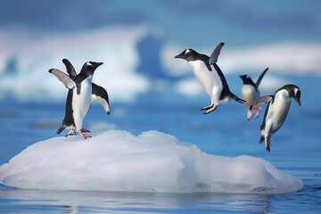 Penguins jumping off an ice floe into the ocean - obrazy, fototapety, plakaty
