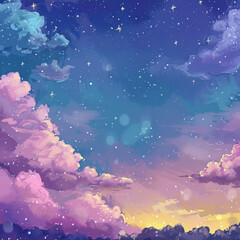 A painting of a cloudy sky with a bright orange sun in the background. The sky is filled with stars and the clouds are pink and purple. The mood of the painting is peaceful and serene