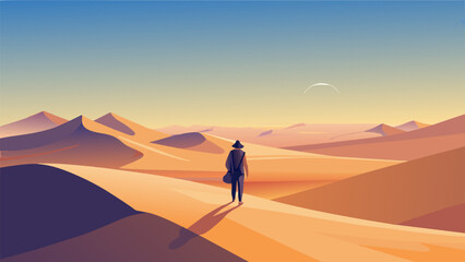 A traveler stands at the edge of a vast desert with towering sand dunes stretching out in every direction. They kick off their shoes and let - obrazy, fototapety, plakaty
