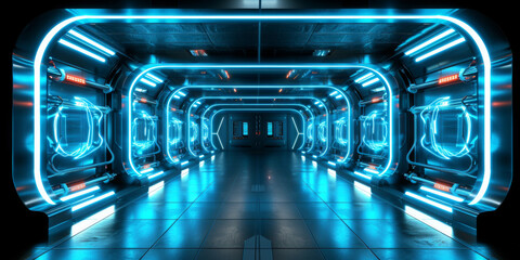 A futuristic space station with blue lights and a long hallway. The blue lights give the impression of a futuristic, high-tech environment
