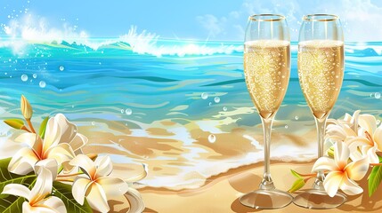 Champagne supplied in two grooved glasses embellished with flowers over a beach with an illustration of the lovely sky and ocean and space, Generative AI.