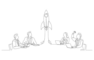 One line 99Continuous one line drawing of business people looking at rocket rising from table, business startup or team innovation concept, single line art.
