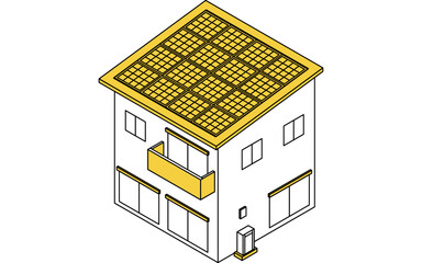 住宅リフォーム、太陽光発電のソーラーパネルをつけた家、シンプルなアイソメトリックイラスト
