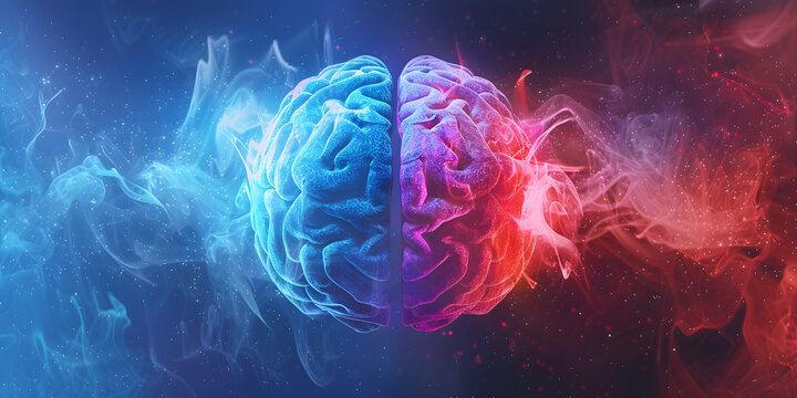 Blue and red brains side by side, representing different thought processes or ideas.