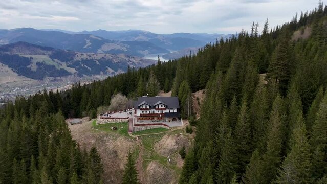 Fantanele cabane in the Ceahlau mountain of Romania filmed by drone