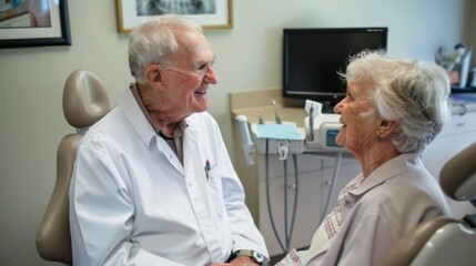 A dentist discussing treatment options with a senior patient. 