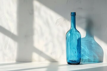 A sleek blue glass bottle with luminescence shining over a white room backdrop, exquisite for packaging elegant look and space, Generative AI.
