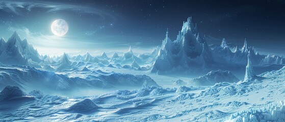 A frozen world covered in icy spikes and towering mountains, orbiting far from the sun ,super realistic,soft shadown