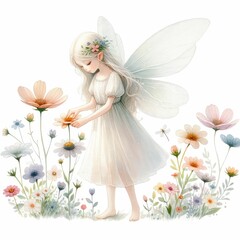 Garden fairy tending to flowers. watercolor illustration, Perfect for nursery art, vibrant illustration of cute fairies with colorful wings and whispers of garden flowers, white background.