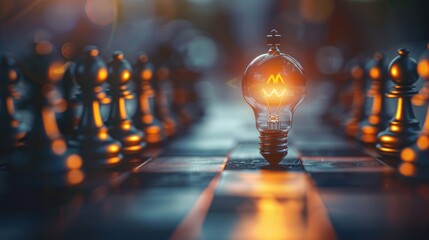A light bulb is lit up on a chess board - obrazy, fototapety, plakaty