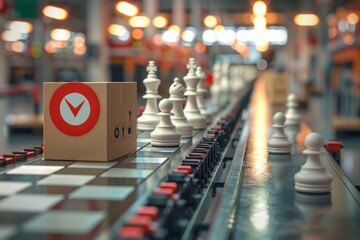 A box with a red circle on it is on a conveyor belt with a row of white chess pi - obrazy, fototapety, plakaty