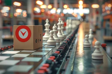 Foto op Plexiglas A box with a red circle on it is on a conveyor belt with a row of white chess pi © Woraphon